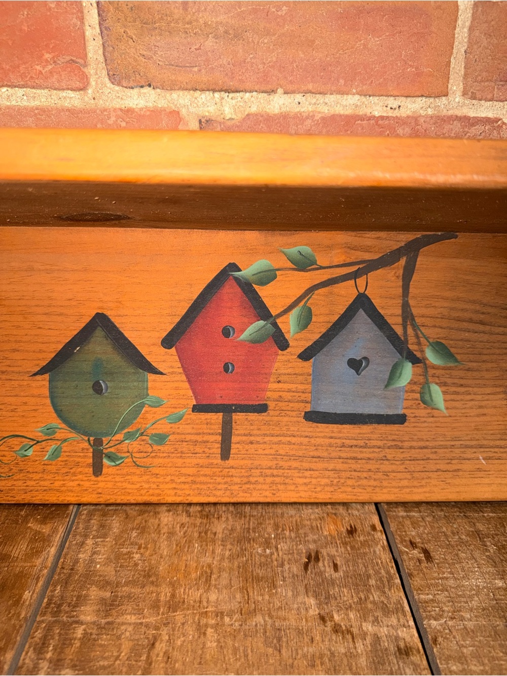 Wood Wall Shelf Hanging with Painted Birdhouses Art Folk Display Rustic - Picture 4 of 10